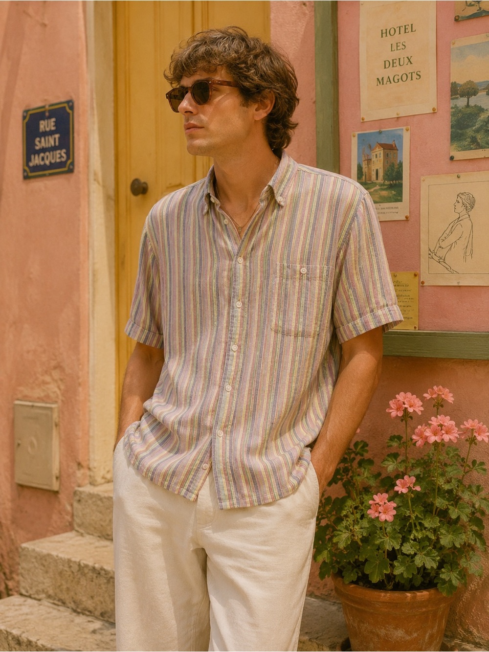 WeSC‎ Multicolor Stripe Linen Blend Button Up Shirt XL